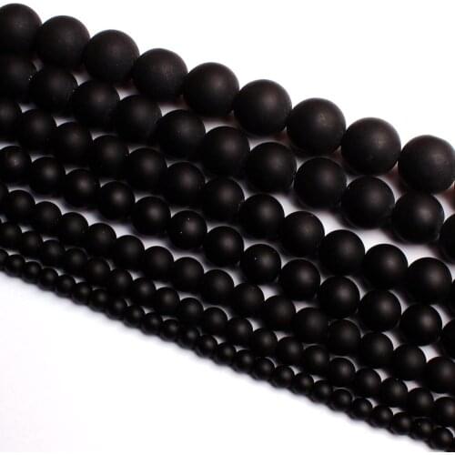 High Quality Round Natural Agates Frosted Black Bracelet Necklace Jewelry Gems Beads 15Inch 4, 6, 8, 10, 12, 14, 16, 18, 20mm