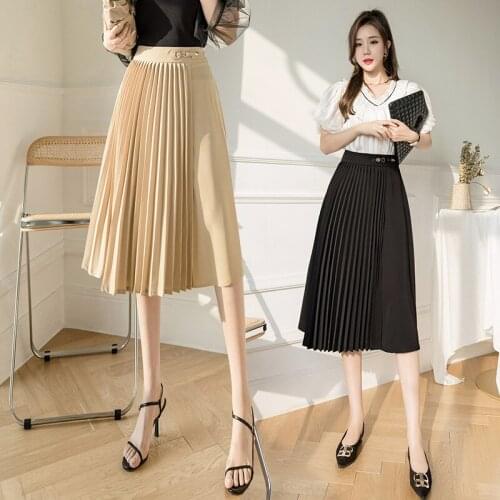 Spring Design Feeling Pleated Skirt Women High Waist Solid Ladies Skirt Women Fashion A-line Black Mid Skirt Femme Dropshipping