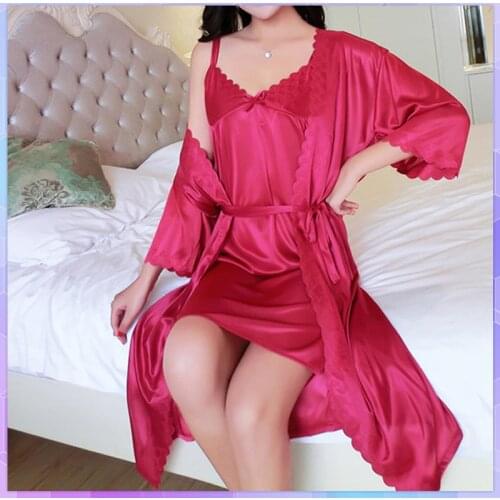 Deep V Lace Robes Women Pajamas Sets Silk Sleepwear Bath Gown Wedding Night Dress Summer Temptation Nightdress Home Clothes