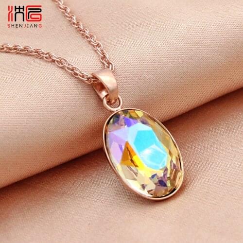 SHENJIANG New Trendy Elegant Egg Shape Oval Crystal Pendant 585 Rose Gold Necklace For Women Wedding 2021 Luxury Fine Jewelry