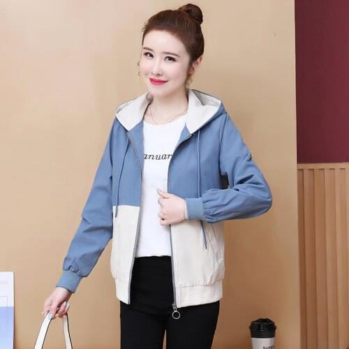 2021 Korean Spring Hooded Windbreaker Jacket Women Long Sleeve Bomber Short Jackets Coats Femme Thin Loose Zipper Coat Outerwear