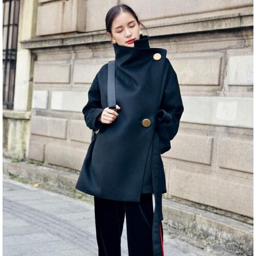 Women Winter Unique Design Big Buttons Sashes Tied Woolen Jacket Wool Coat