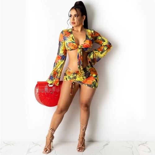 2021 New Arrival Fashion Design 2 pcs Women Set Print V-neck Short Tops Mini Dress and 2 pcs Bikini Set Summer Beach Outfits