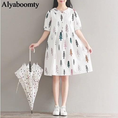 Mori Girl Summer Women Cotton Dress Peter Pan Collar Tree Pattern Casual Loose Dress Short Sleeve Elegant Sweet Preppy Dress