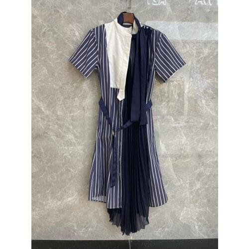 2021SS Summer High Quality Women Striped Patchwork Pleated Short Sleeve Dress 3 Color Tutu