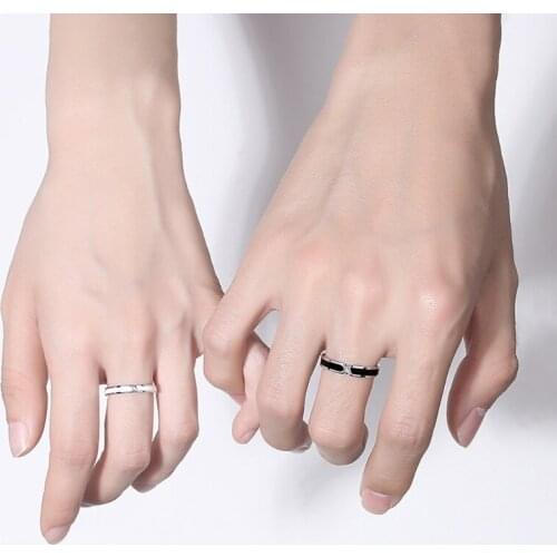 2Pcs Black and White Lovers Knot Ring Bands Kit Couples Matching Rings Promise Wedding Bands Adjustable for Him and Her