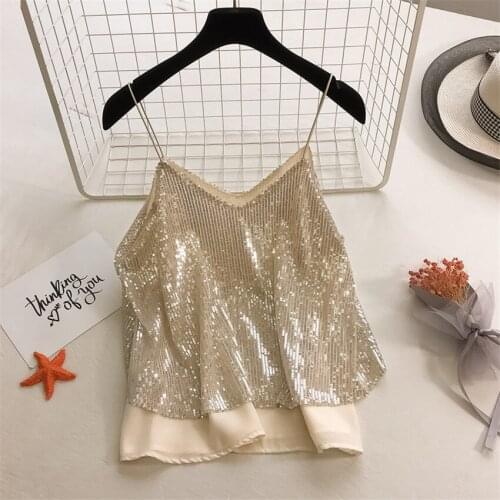 20 Fashion Summer Sexy Women Sequined Vest Solid V-neck Tank Summer Outfits Lady Short paragraph Crop Top Tanks Bottomings 1148