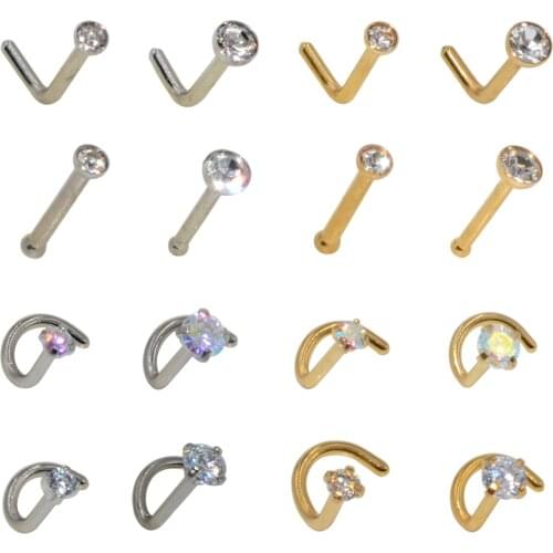 4pcs Mix Style Prong Set Screw Nose Ring Round Zircon Crystal L shape Nose Stud Cz Gem Straight Nose Bone Ring Piercing Jewelry