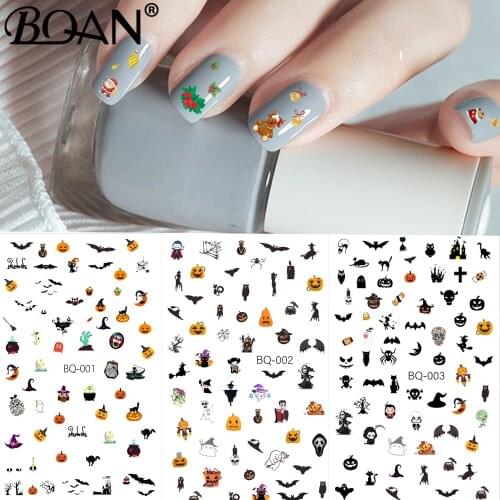 BQAN 3PCS Halloween Nail Design 2021 Sticker for Nail Art Anime Skull Bone Snake Maple Leaf Decals Manicure Nail Decor