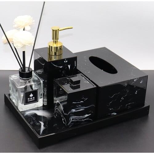 Black Marble Pattern Resin Bathroom Set Storage Tray Toothbrush Holder Kit Liquid Soap Dispenser Hotel Bathroom Supplies Toothpi