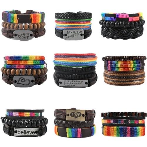 Color Woven Cowhide Bracelet European and American Bohemian Same-sex Rainbow Colorful Fashion Bracelet Couple Bracelet Wholesale