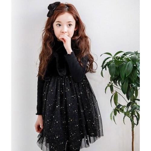 Autumn Girls Dress Long Sleeve Children Vestidos 2018 New Star Sequined Black Kids Mesh Girls Dresses RT282