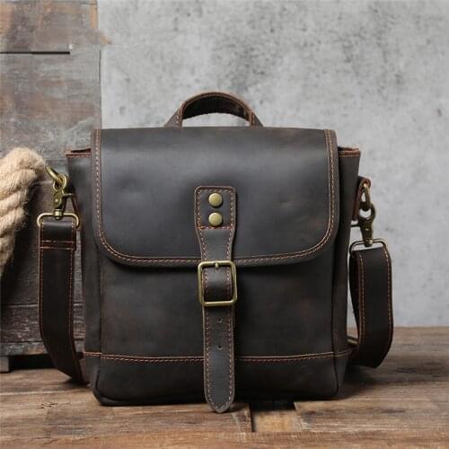 Retro fashion designer crazy horse cowhide mens handbag casual outdoor daily natural real leather one-shoulder messenger bag