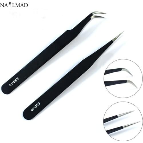 2pcs Black Straight + Curved Tweezers kit Nail Art False Eyelashes Extension Tweezers Nippers Pointed Clip Nail Art Tools