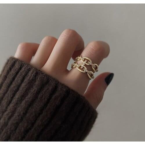 Unusual Double Layer Chunky Chain Shiny Ring for Women Femme Exquisite Rhinestones Open Adjustable Index Finger Ring Jewelry