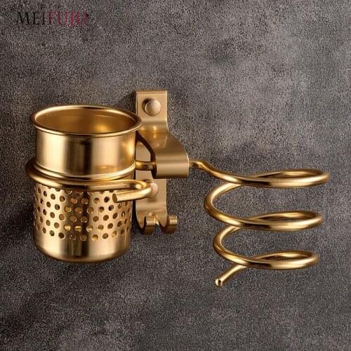 New Golden hair dryer rack with cup drier comb holde Households Rack Hair Blow Dryer Holder Aluminum Shelf Bathroom Accessories