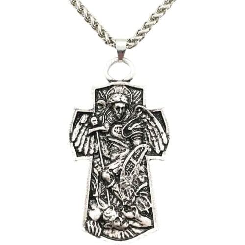 Nostalgia Archangel St.Michael Cross Pendant Necklace Protect Me Saint Shield Angel Protection Amulet