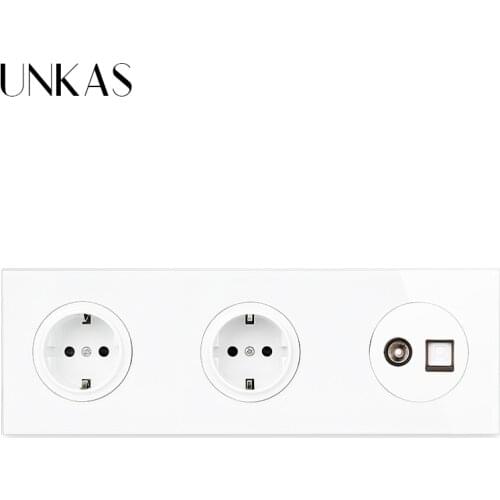 UNKAS 16A Double EU Standard Wall Socket + Female TV Connector and CAT5E RJ45 Internet Computer Jack 258MM Glass Panel Outlet