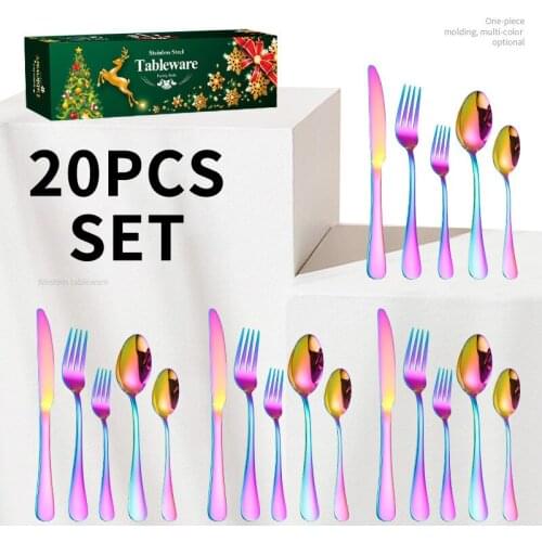 20PCS Christmas Gift Set Stainless Steel Western Cutlery Coffee Dessert Spoon Steak Knife Fork Tableware Suit With Gift Box
