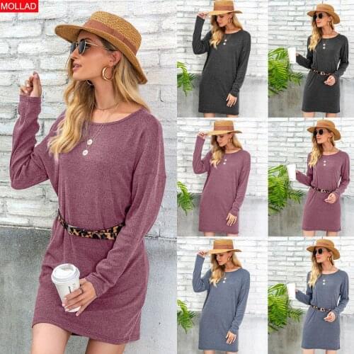 Sexy round Neck Autumn and Winter Lace-up Long Sleeve Womens Dress with Belt