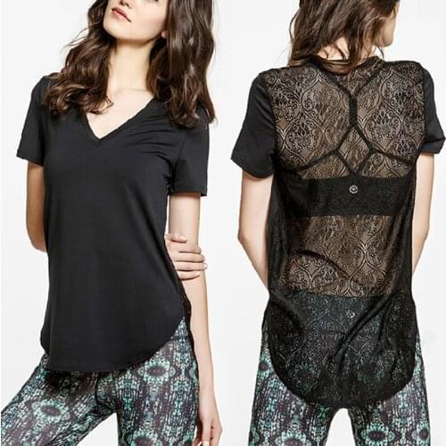 Spring and Summer Lace Yoga Workout Clothes Womens Quick-drying Loose Sports T-shirt Running Top V-neck Cutout Short Sleeves