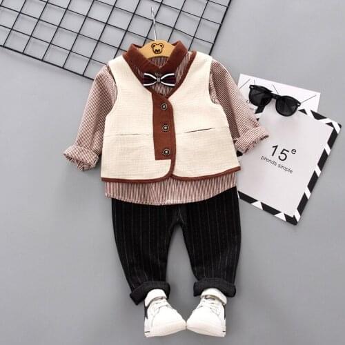 Spring And Autumn Children Clothing Suit Korean Baby Boy And Girl Denim Striped Shirt Suit Vest + Shirt + Pants Three-Piece Suit