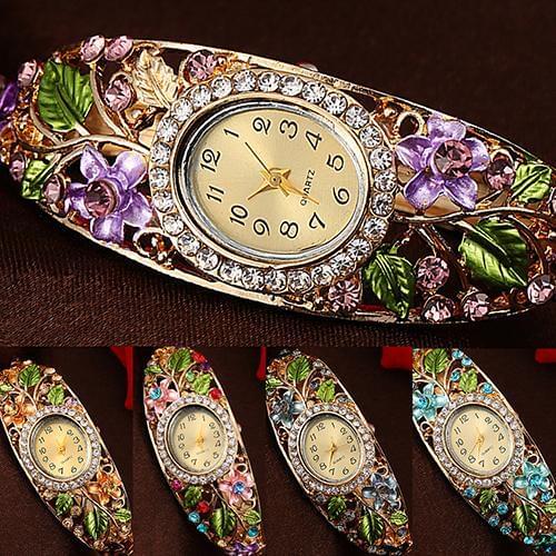 Vintage Women Watch Lady Clock Crystal Colored Flower Bangle Bracelet Watch Analog Quartz openwork diamond Watch reloj mujer Lad