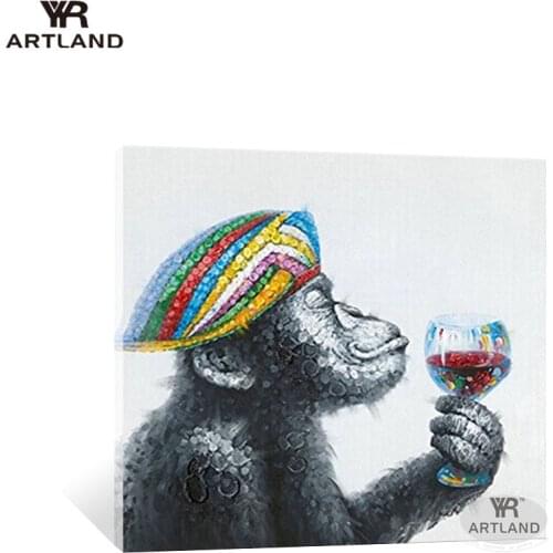 High quality animal Handmade oil painting on canvas Orangutan with hat drinking wine monkey wall art picture for living room