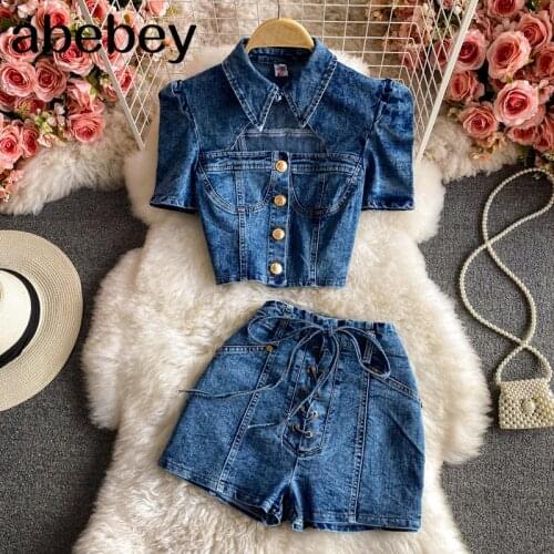 Women Denim Blouse+Denim Blue Shorts Sleeveless Button Camis Tops Streetwear Short Pants Clubwear Summer Two Pieces Set