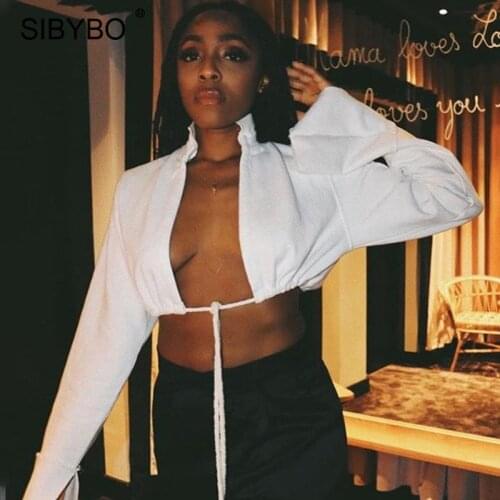 Sibybo Autumn Winter Lace Up Sexy T-Shirt Women Open Front Flare Sleeve Short Tops White Clubwear Fashion Casual Shirts Tee 2020