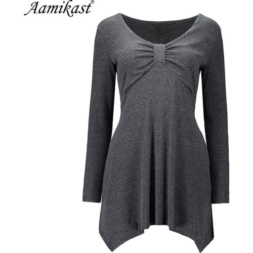 Vestidos Women Elegant Cotton t shirt V Neck long Sleeve Handkerchief Hem Line Lightweight Knitting Tunic Top T-shirt tees
