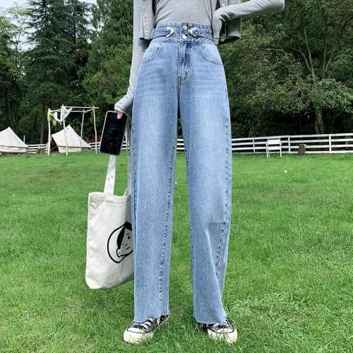 Women Denim Trousers Light Blue Vintage Wide Leg Pants Women Korean Straight Long Pants High Waist Casual Loose Trousers