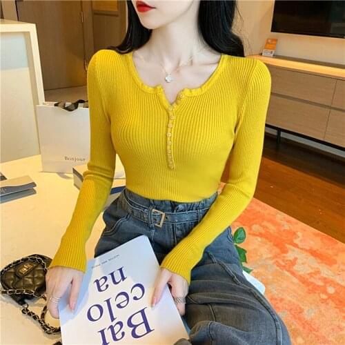 Six Colors Sexy Skinny Womens Sweeaters 2020 Fashion Single Breasted Office Lady Slim V-Neck Sweater Long Sleeve Bottoming Tops
