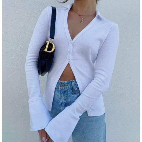 Casaul Ribbed Knit Y2K Crop Top For Girls Womens T-Shirts 2021Harajuku Female Long Sleeve Deep V Neck Button Up White Tee Shirt