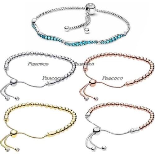 Authentic 925 Sterling Silver Blue Wavy Slider Bracelet Bangle Fit Women Bead Charm Pandora Jewelry
