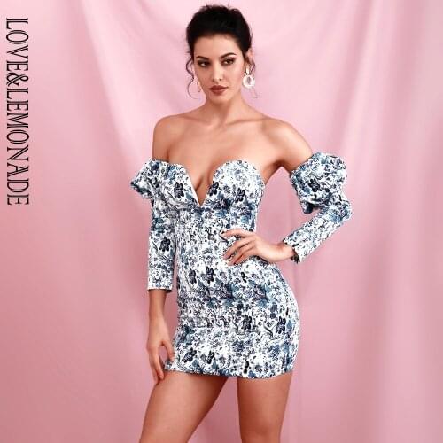 LOVE&LEMONADE Sexy Deep V-Neck Tube Top Blue Print Detachable Bubble Long Sleeve Bodycon Party Mini Dress LM82232-1