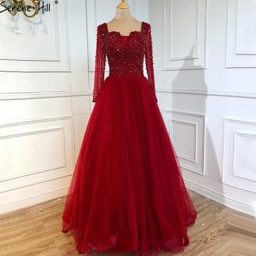 Serene Hill Wine Red Sexy Evening Gowns for Women 2020 Dubai Long Sleeves Beading Crystal Long Formal Dress Design BLA70762