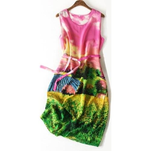 Pure Silk Dress Women Summer Natural Silk Floral Print Dresses Sleeveless Vintage Elegant KneeLength Real Silk Dress RE2309