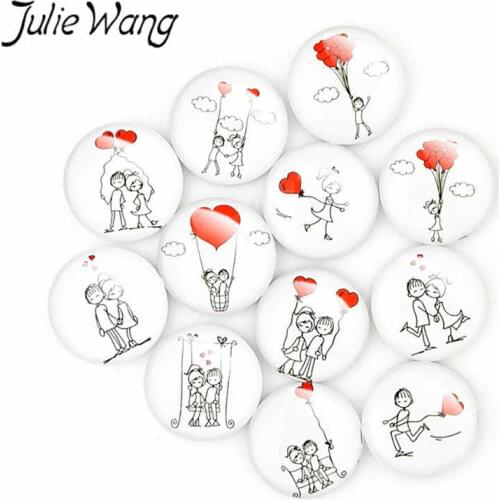Julie Wang 50PCS 8-15mm Lovers Couple Heart Balloon Pattern Cabochons Glass Flatback Necklace Bracelet Jewelry Making Accessory