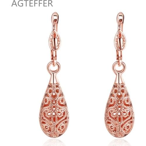 AGTEFFER 925 Sterling Rose Gold Raindrops/Water drop Earring For Women Lady Wedding Engagement Party Fashion Jewelry
