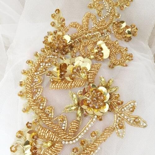 3D Handmade Beaded Gold Lace Applique , Heavy Sequin Sew On Tulle Couture Dance Costumes Supply