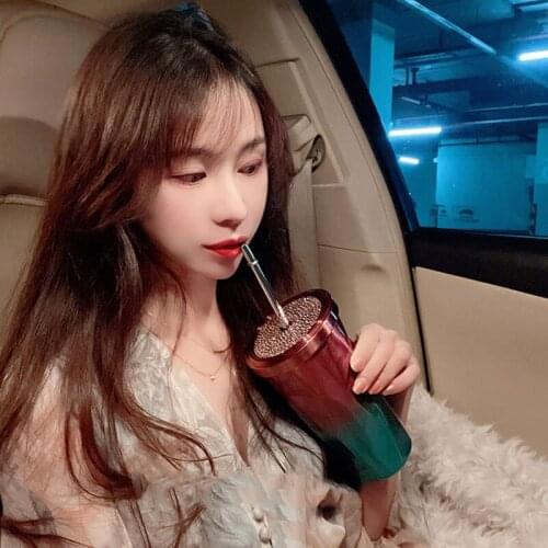 Shiny diamond studded straw water bottle coffee cup juice milk straw cup stainless steel lovely water bottle gift with cover