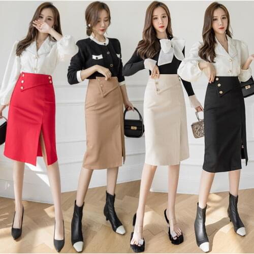 Big Size 4Xl Sexy Front Slit Work Skirt Women Spring Zipper High Waist Skirt Plus Size 5XL Elegant Korean OL Office Lady Skirts