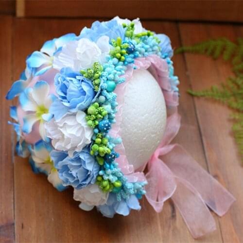 Baby Floral Bonnet Handmade Flower Hat Baby Photography Props Handmade Blue Ruffle Bonnet Infant Cap Girl Hats Shower Gift