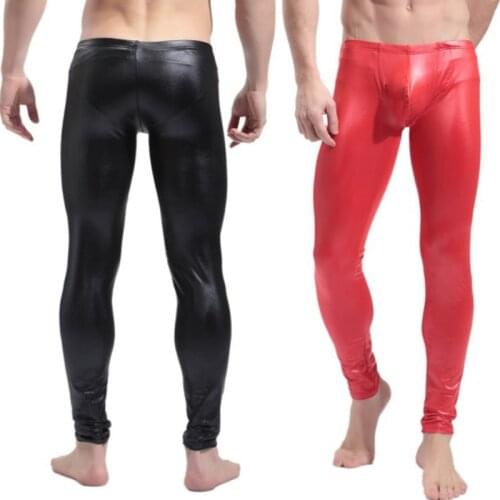 High Elastic Mens Black Red Faux Leather Latex Pencil Leggings Wetlook Bondage Pants Gay Male Fashion Tight Boxer Underwear