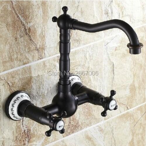 GIZERO Bathroom Dual Handles Faucet Black Bronze Kitchen Sink Mixer Tap Rotatable Spout Wall Mounted Ceramic Based Faucets ZR332