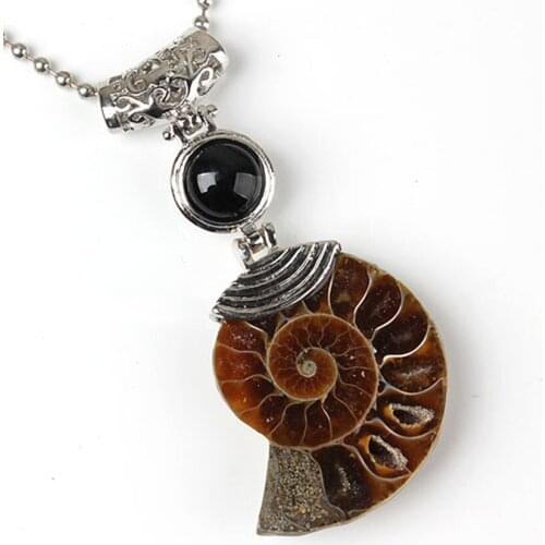 Ethnic Style Silver Plated Ammonite Reliquiae Tiger Eye Stone Pendant with Small Beads Black Agates Jewelry