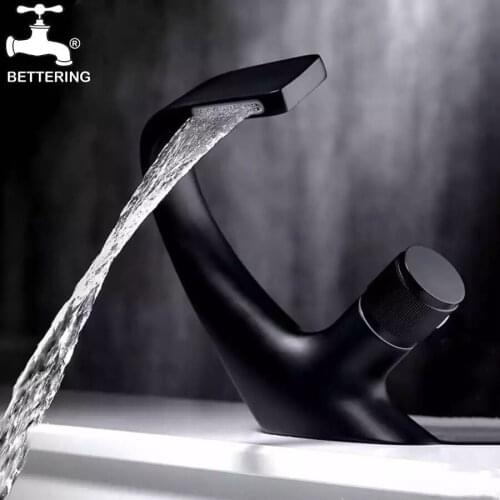 Bettering Basin Faucet Brass Waterfall Cold and Hot Water Mixer Bathroom Sink Mixer Glod Faucets Waterfall Black Basin Mixer Tap