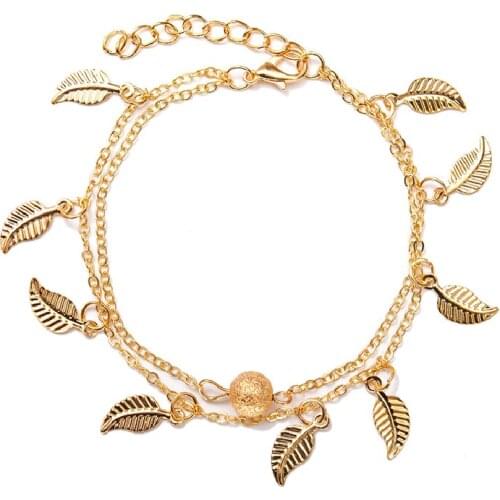 Fashion Ethnic Style Double Layer Bling Ball Golden Silver Plated Leaf Alloy Charm Anklet Bracelets For Women Foot Jewelry
