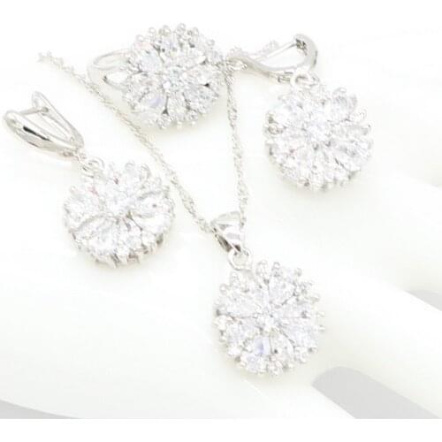 White Cubic Zirconia Sterling Silver Trendy Pendant Necklace Earring Ring Jewelry Sets for women Fashion Gift
